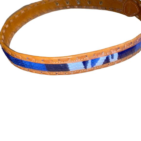 Stitched woven Genuine Leather retro boho indie Print Belt medium brown/blue main image 6